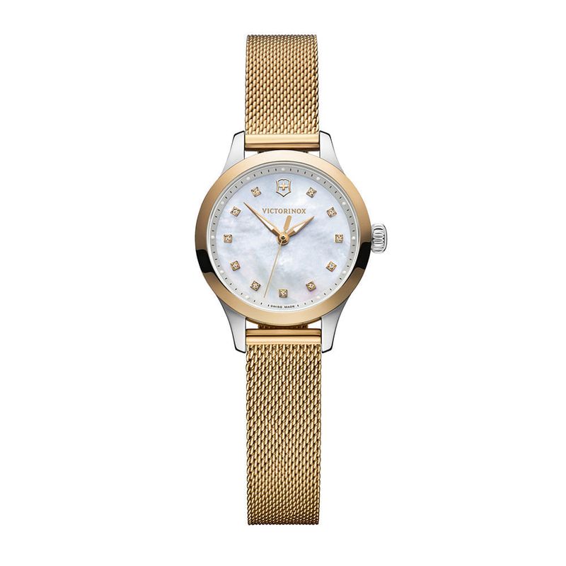 Reloj Alliance XS correa mesh dorado dial blanco con cristales Swarovski Victorinox Victorinox Store Peru